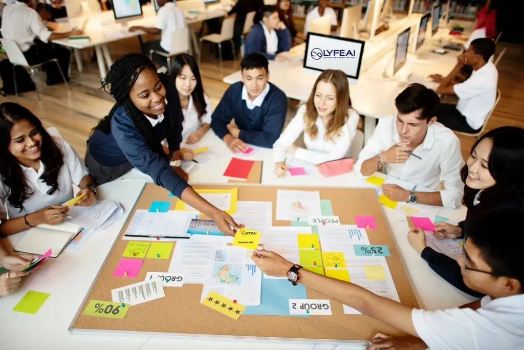 Diverse group of students collaborating around a table covered in educational materials and post-it notes, showcasing active learning with EduMate