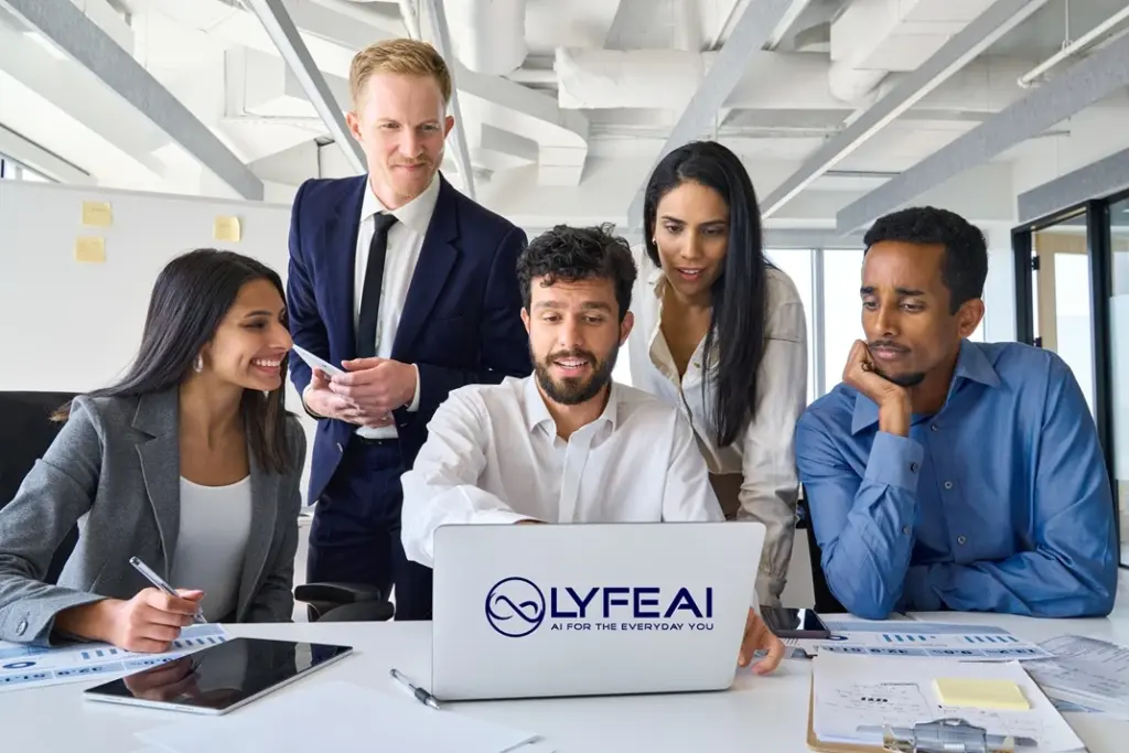 Group of diverse professionals collaborating in a modern office, discussing insights displayed on a laptop featuring the Lyfe AI logo