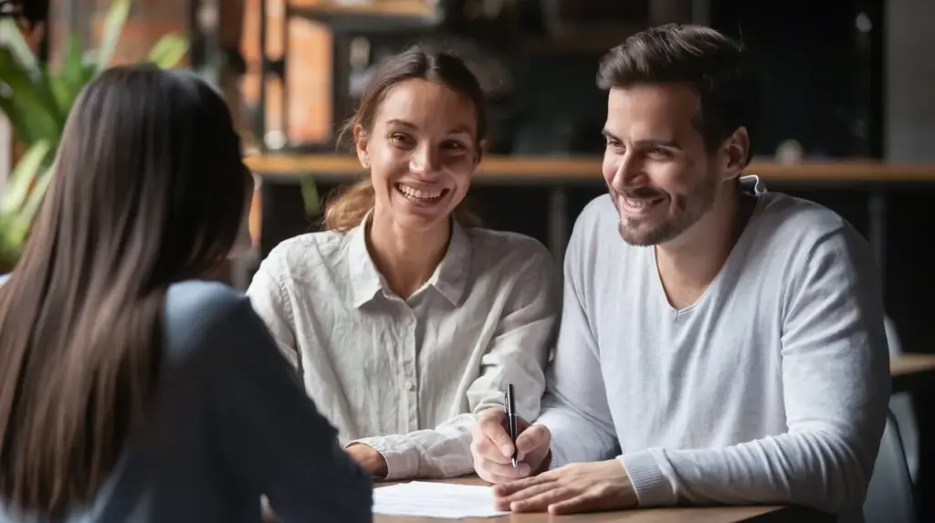 Happy clients consulting with a mortgage broker, highlighting the importance of supportive financial guidance.