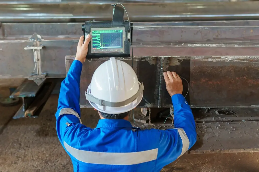 Worker using a portable inspection device for non-destructive testing on a metal structure, representing advanced NDT solutions.