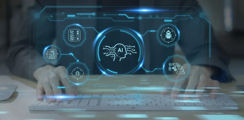 Close-up of a person using a keyboard with a holographic display of technology and AI icons surrounding them