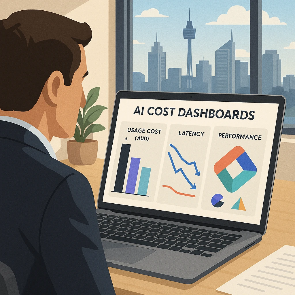 Australian business owner reviewing GPT‑5.2 AI cost dashboard with AUD usage, latency trends and performance metrics on laptop