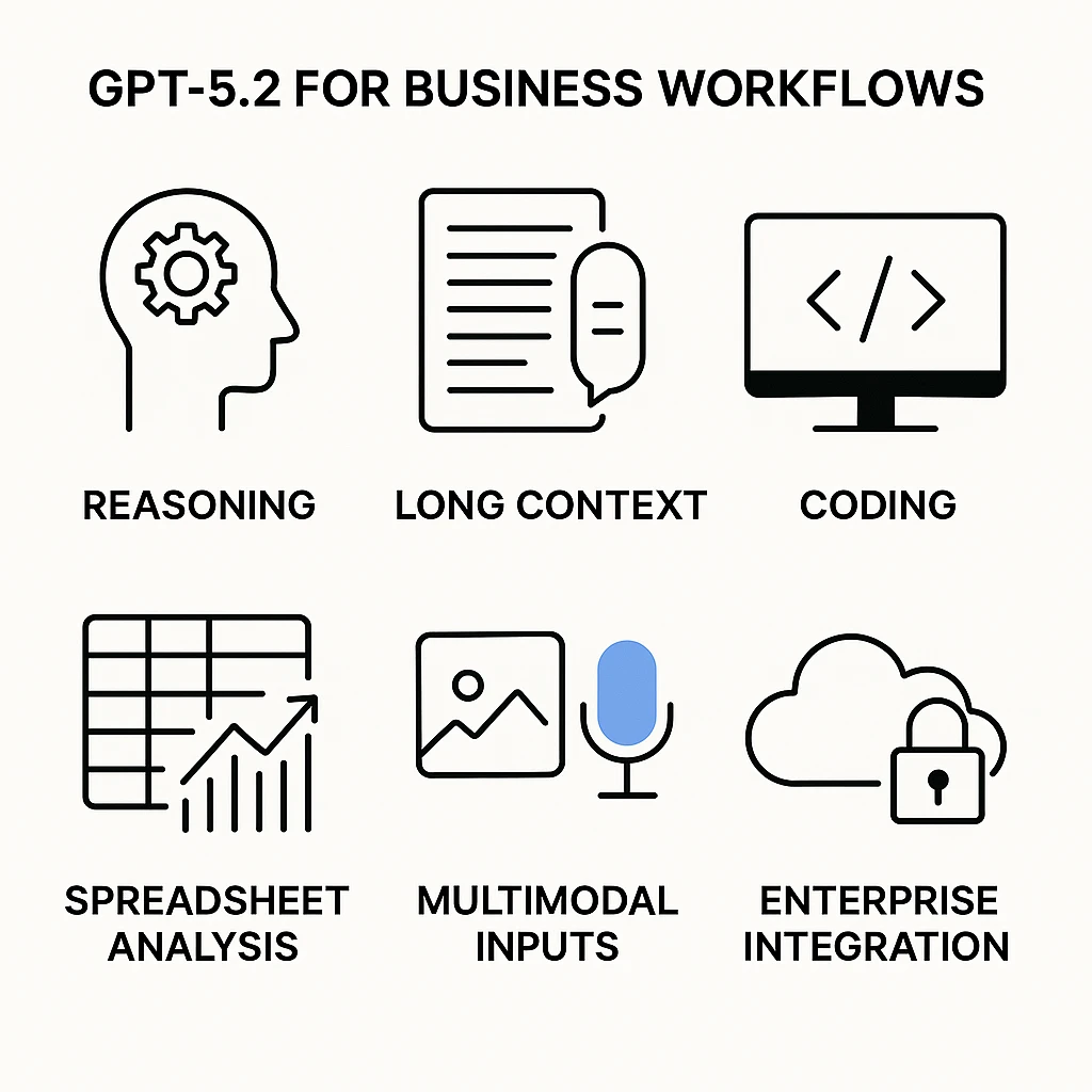 GPT‑5.2 business workflows icons showing strengths in reasoning, long context, coding, spreadsheets, multimodal inputs and enterprise integration