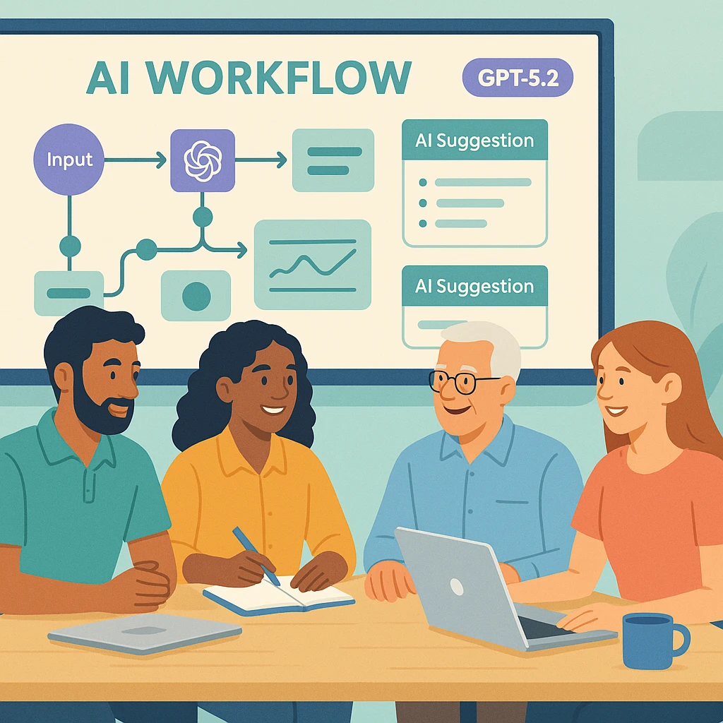 GPT-5.2 vs Google Gemini: Features, Pricing & Adoption for AU Businesses 9 Australian office team collaborating at laptops around GPT‑5.2 dashboard, planning AI adoption and support chat workflows