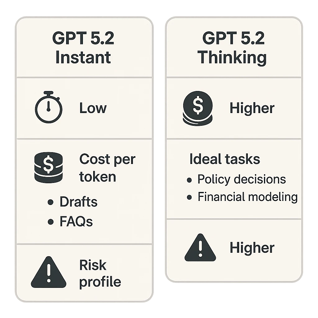 Comparison chart of GPT‑5.2‑Instant vs GPT‑5.2‑Thinking, highlighting latency, cost per token, risk profile, and ideal tasks for AU SMB workloads