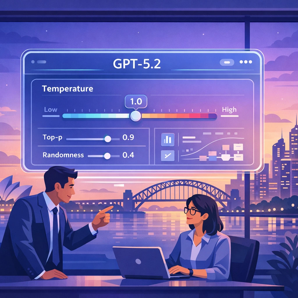 Temperature GPT 5.2 Guide for Enterprise AI in Australia 6 Two professionals in a Sydney office tuning GPT‑5.2 temperature, top‑p and randomness sliders for enterprise AI settings