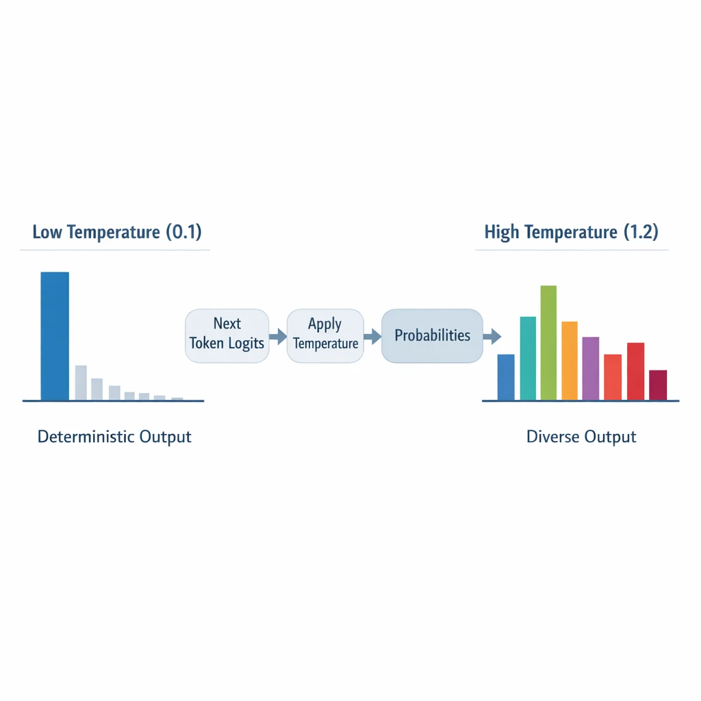 Diagram comparing low temperature 0.1 deterministic GPT‑5.2 outputs vs high temperature 1.2 diverse outputs for enterprise AI tuning