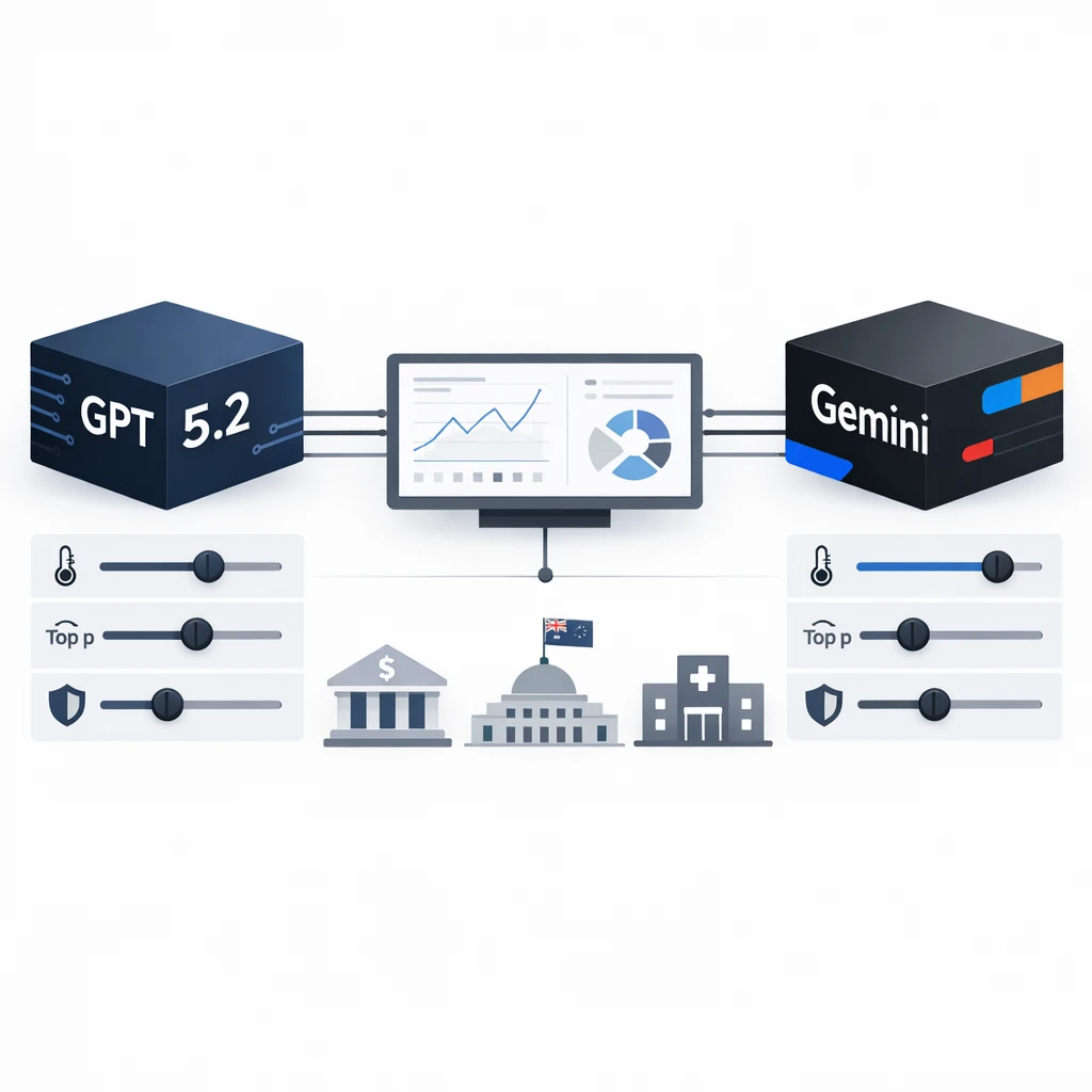 Diagram comparing GPT‑5.2 and Gemini temperature tuning sliders for secure, enterprise AI use across Australian banks, government and health