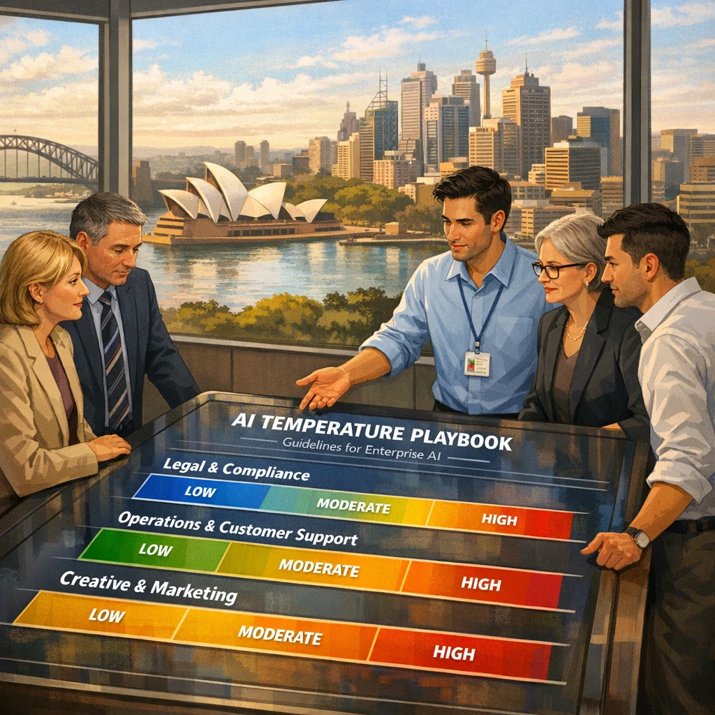 Australian business team reviewing an AI temperature playbook table for GPT‑5.2 use across legal, operations, and marketing
