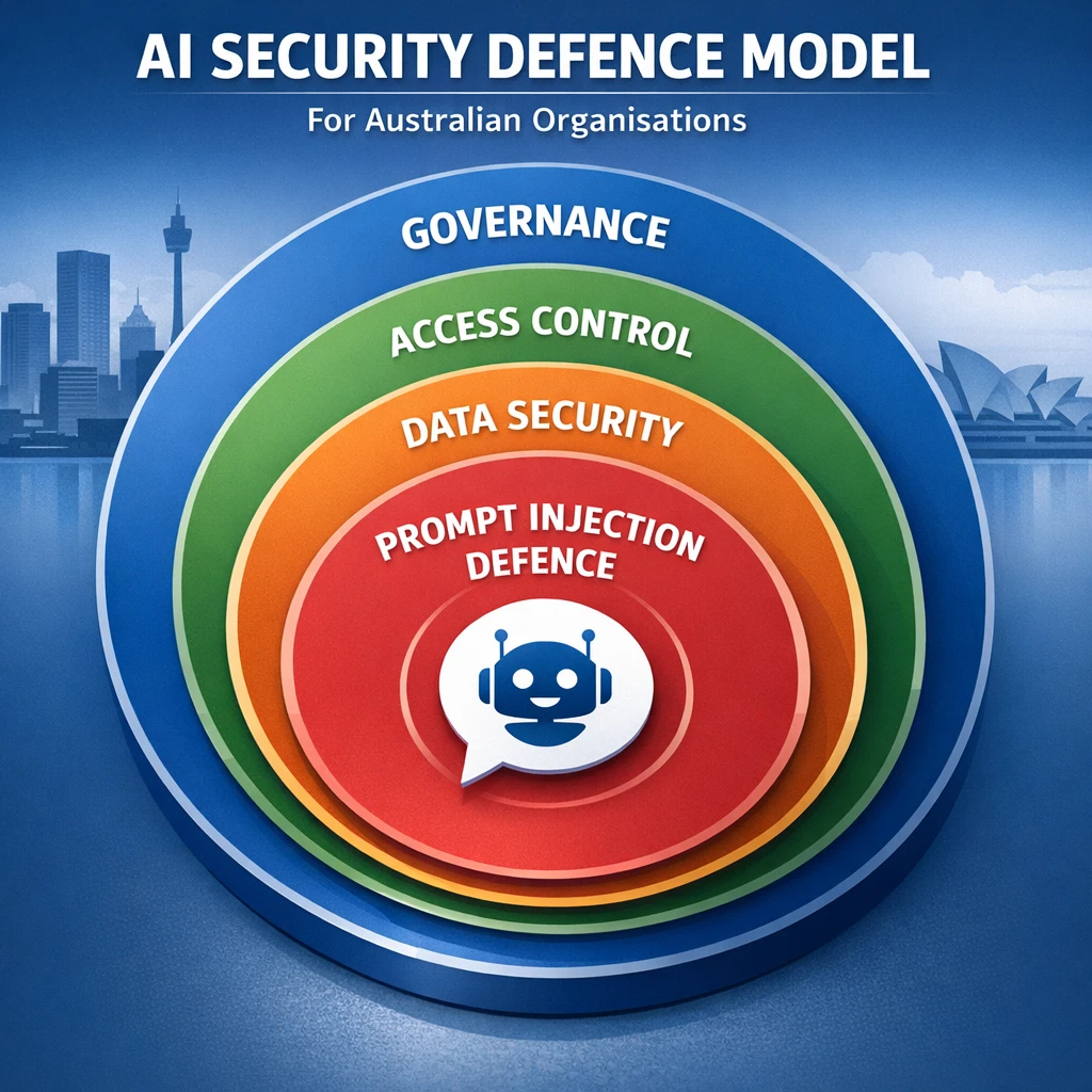 Prompt Injection Attacks: Core Threats & Vectors 3 Layered AI security defence model diagram highlighting prompt injection defence, data security, access control and governance for Australian organisations