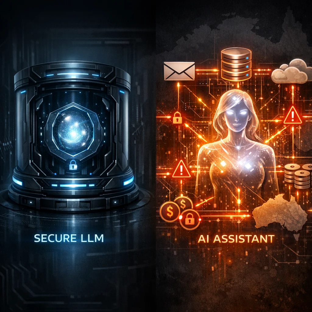 Visual comparison: standalone LLM versus an AI assistant integrated into complex enterprise systems, highlighting increased exposure.