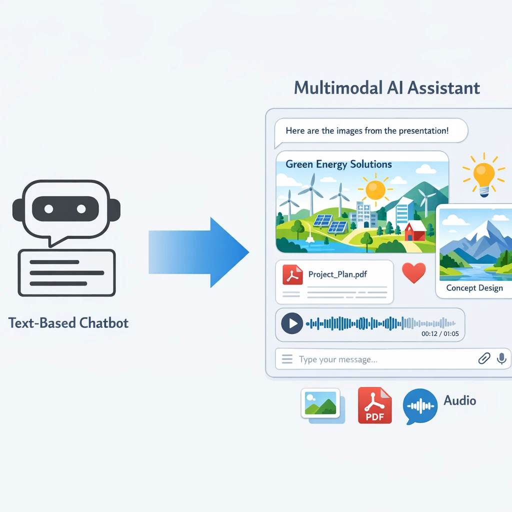 Multimodal Models Assistant: How LYFE AI Becomes Your True Business Co Pilot 1 Diagram comparing a simple text chatbot with a multimodal AI assistant that reads PDFs, images and audio for business co‑pilot tasks