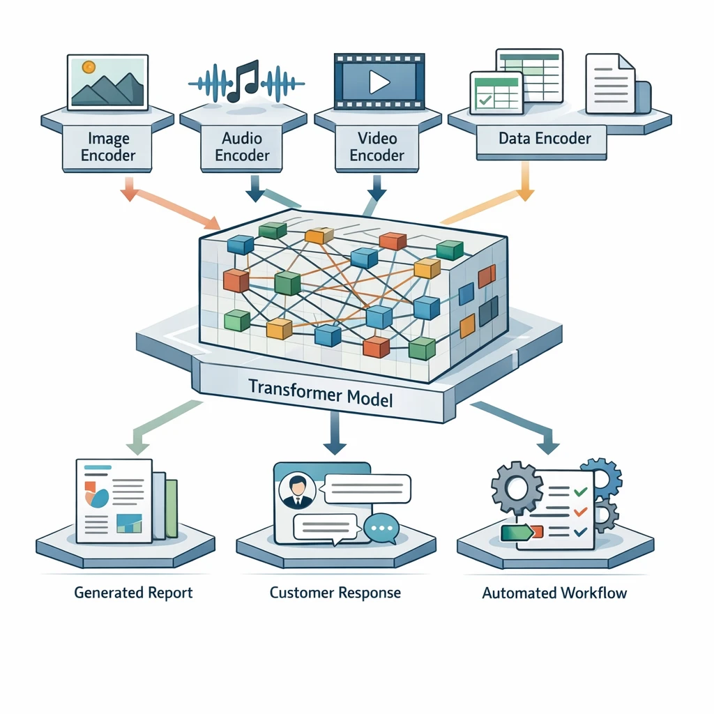 Diagram of LYFE AI multimodal architecture showing image, audio, video and data encoders feeding a transformer model for reports, customer replies and automation