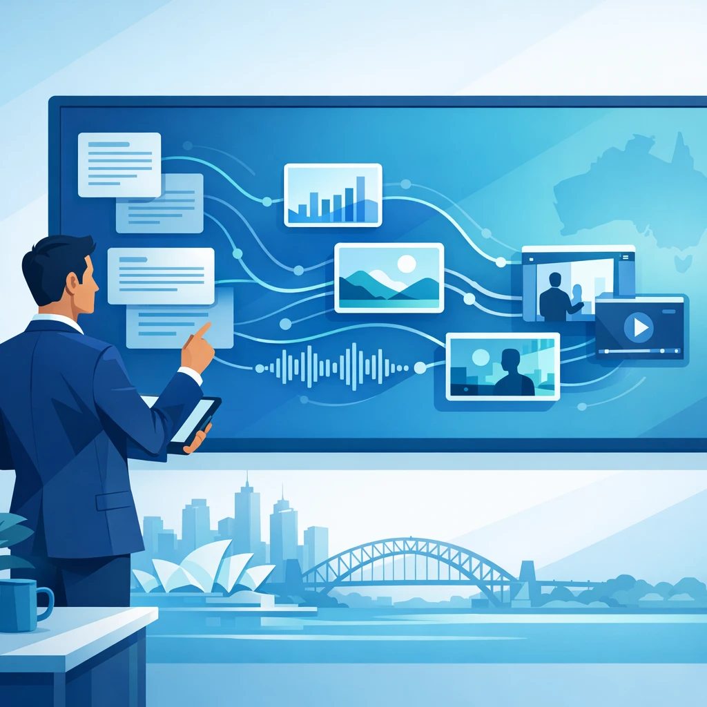 Business professional using a large digital dashboard where LYFE AI links text, images, audio and video to support data‑driven decisions