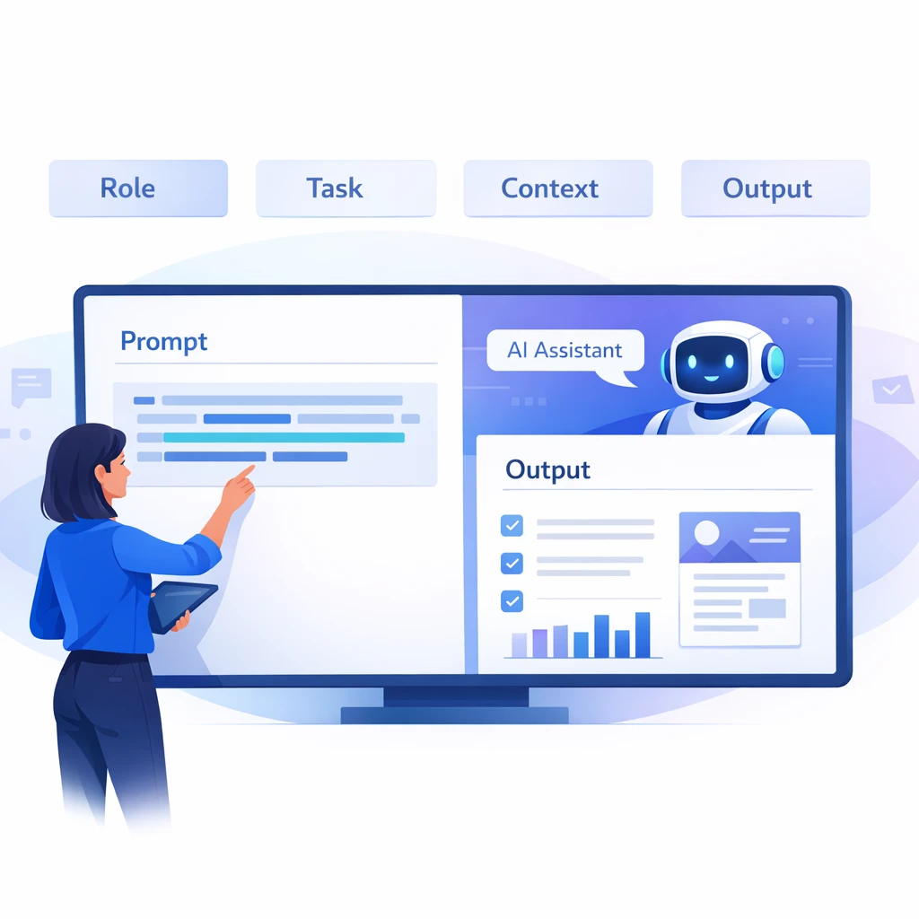 Designer pointing at structured prompt fields on a screen with AI assistant and output charts, illustrating deliberate prompt design
