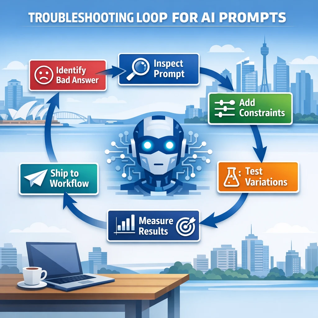 Circular troubleshooting loop for AI prompts showing inspect, add constraints, test variations, measure, and ship steps in a Sydney tech workflow