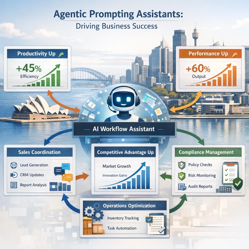 Agentic Prompting Assistants in the Workplace Part 1 From Concept to Compliance 5 Infographic of AI workflow assistant boosting productivity, performance, compliance, sales coordination, and operations in a modern workplace
