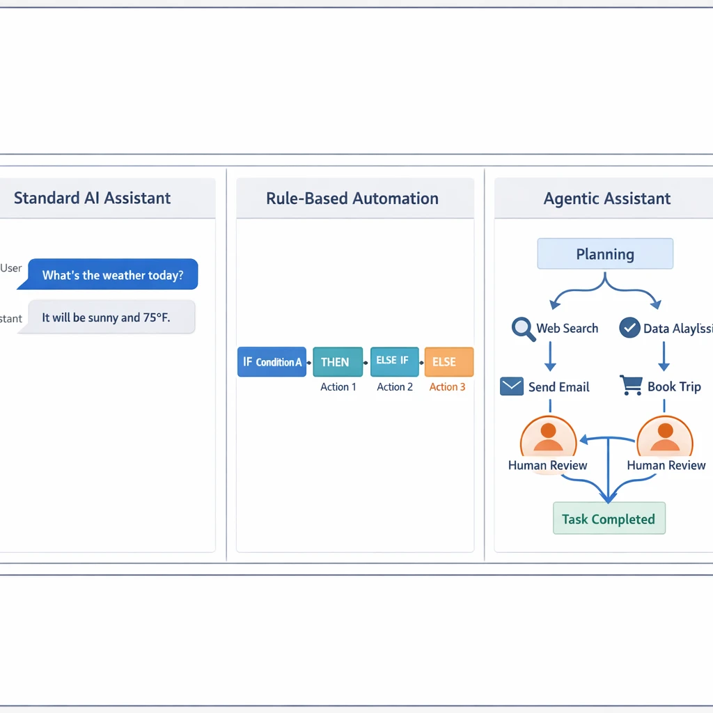 Agentic Prompting Assistants in the Workplace Part 1 From Concept to Compliance 4 Diagram comparing standard AI assistant, rule-based automation, and agentic assistant workflows for workplace task completion