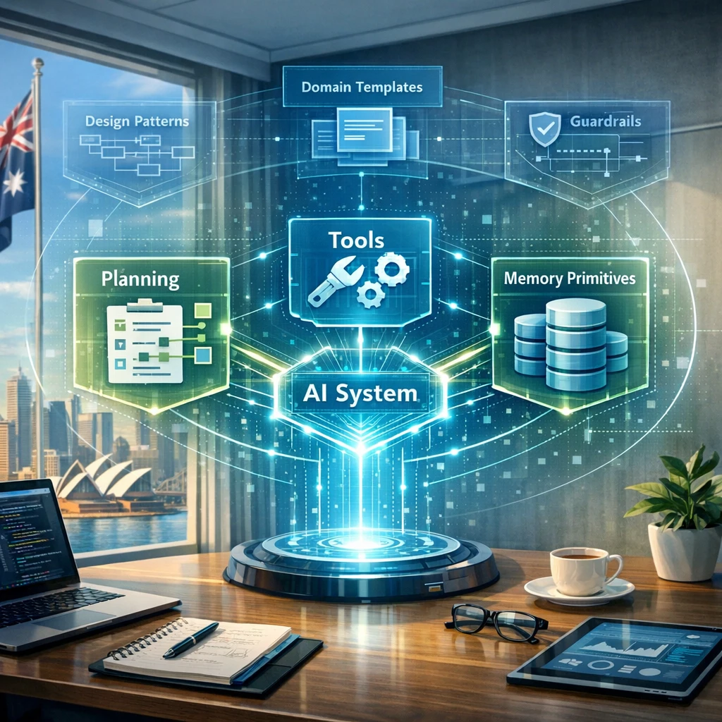 Illustration of an AI workplace system integrating planning, tools, memory primitives, design patterns, templates, and guardrails in an Australian office