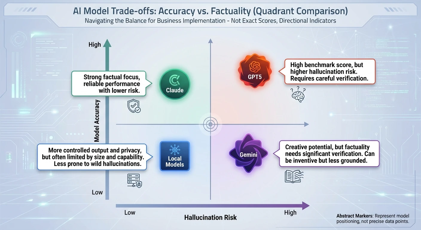 Quadrant chart comparing Claude, GPT‑5, Gemini and local models on AI accuracy vs hallucination risk for Australian business decisions