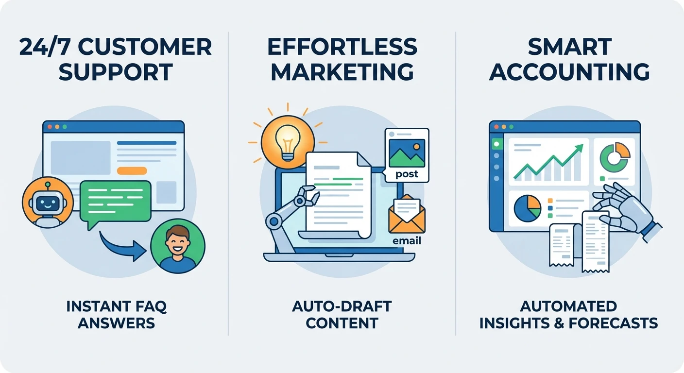 Diagram showing 24/7 support, effortless marketing and smart accounting as fast wins from ai automation for small businesses