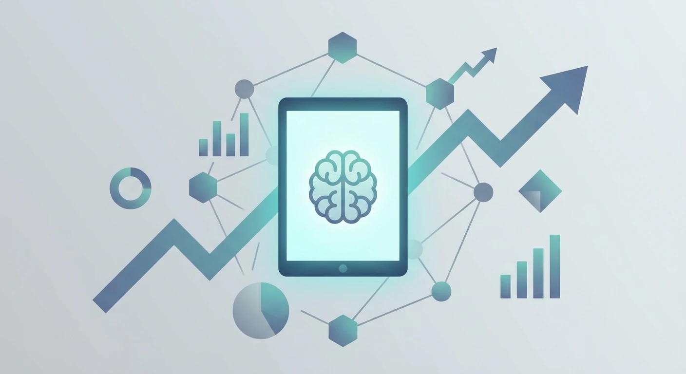 Tablet with brain icon surrounded by analytics charts, symbolising AI-driven email optimisation in Outlook for Australian IT teams