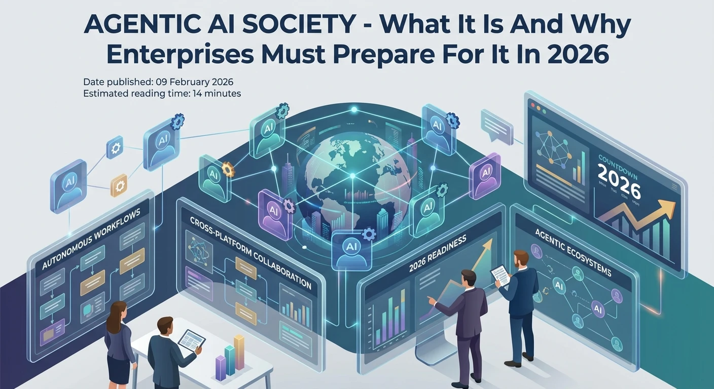 Agentic AI Society and Why Enterprises Must Prepare 1 Futuristic control room with AI agents, enterprise dashboards and charts visualizing preparation for agentic AI society in 2026