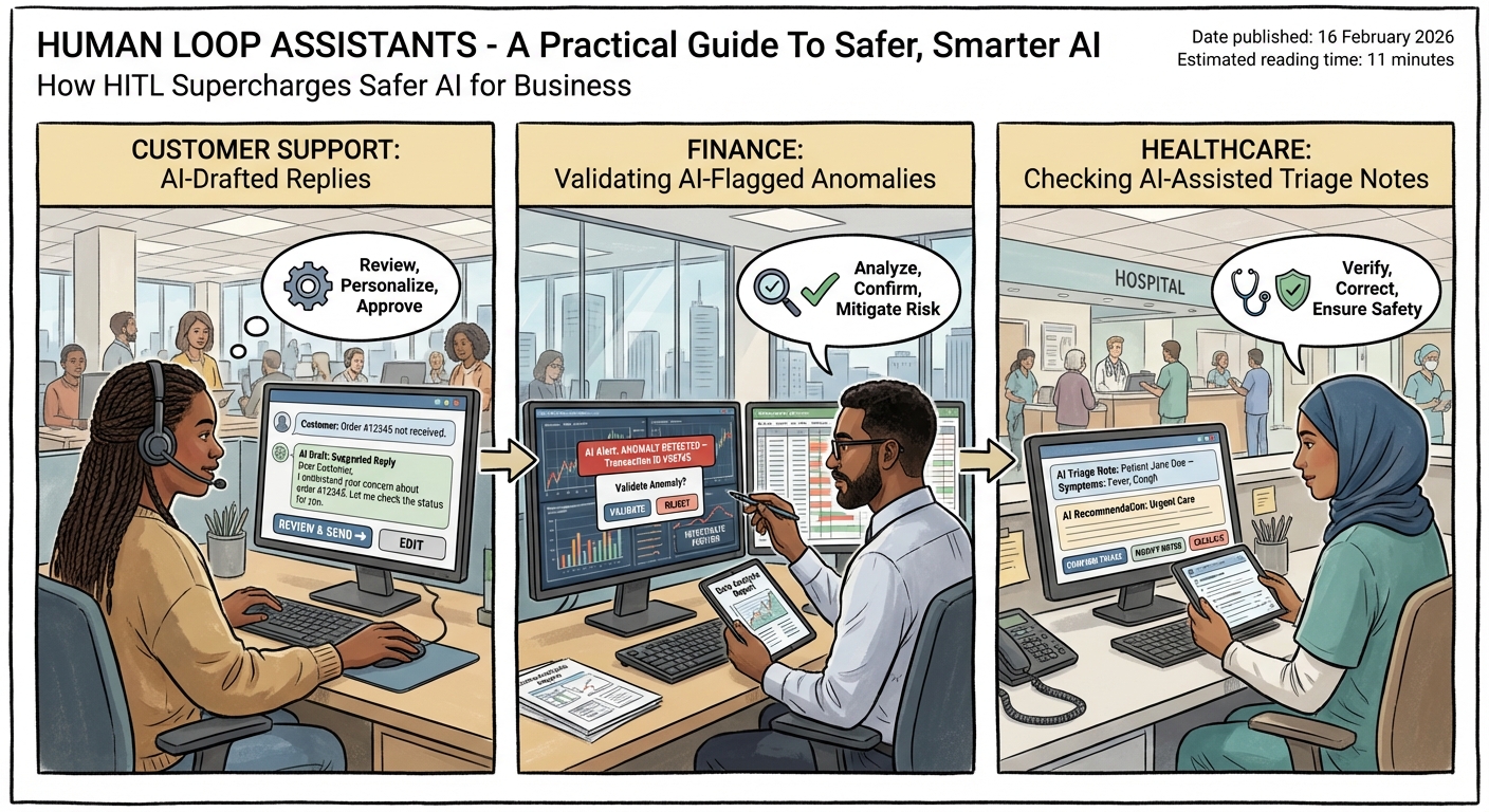 Comic-style workflow showing agents in customer support, finance, and healthcare reviewing, correcting, and approving AI-generated outputs