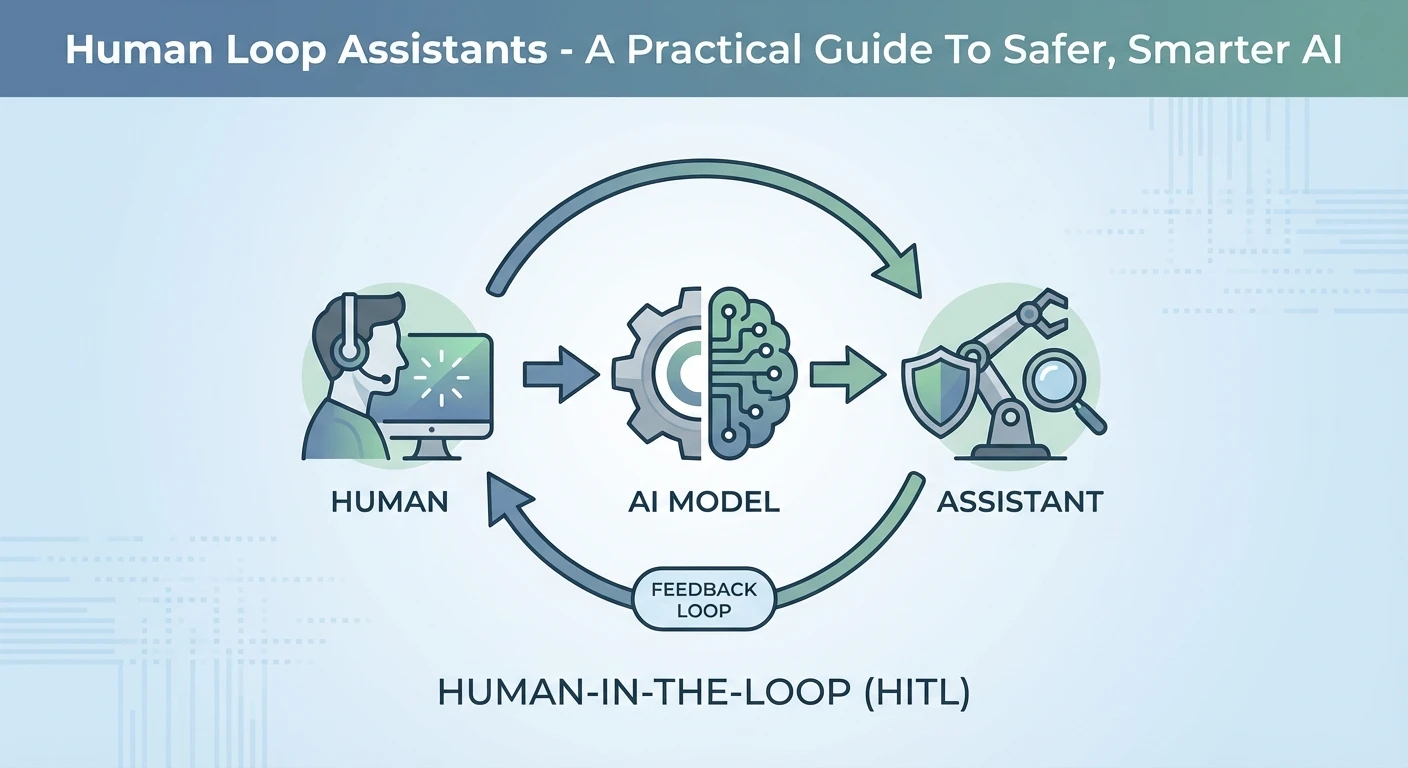 Human Loop Assistants Guide for Safer Smarter AI 5 Diagram of human-in-the-loop AI showing human, AI model, and assistant in a feedback loop for safer, smarter automation