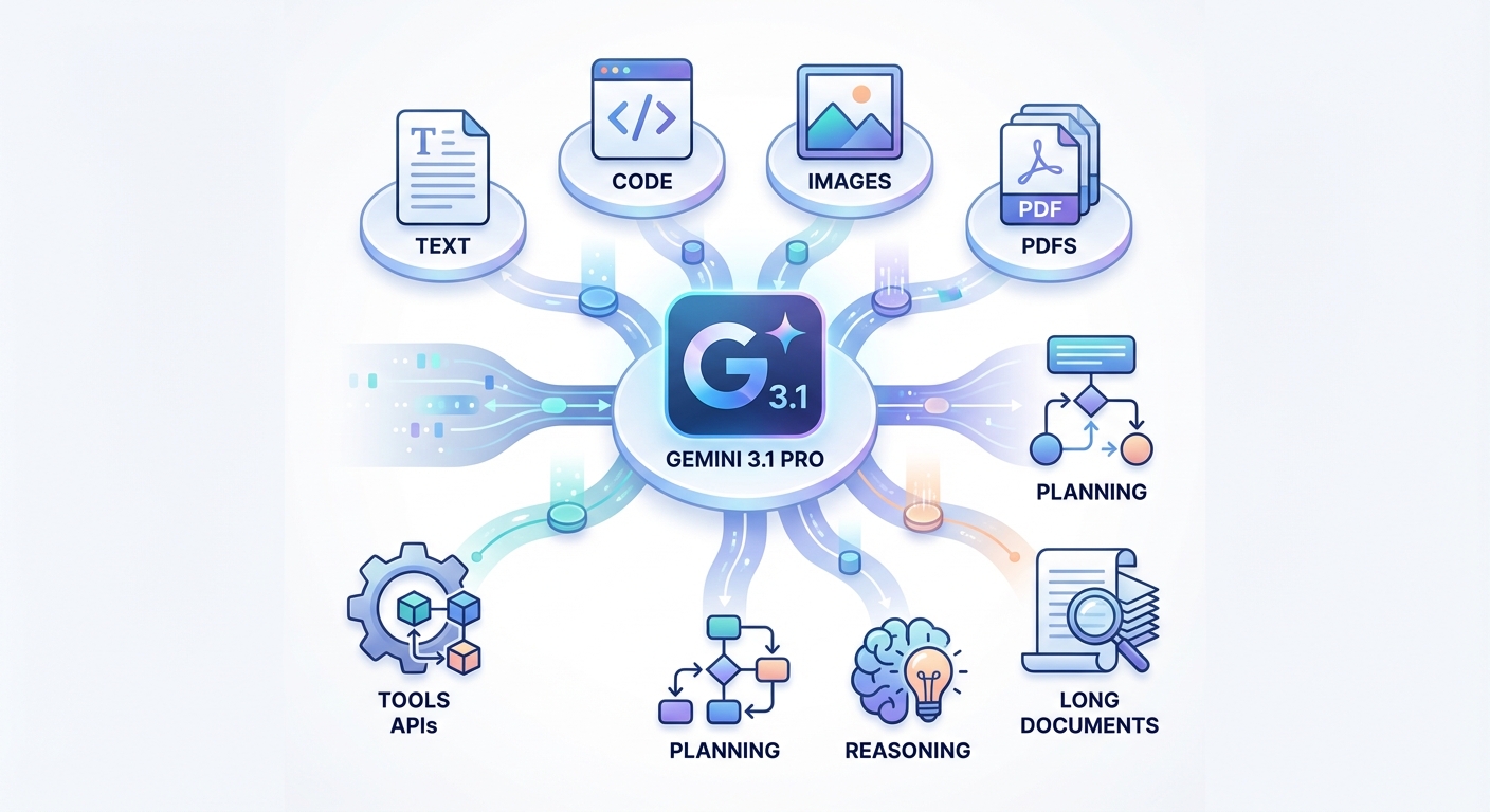 Gemini 3.1 Pro AI hub handling text, code, images, PDFs, tools, planning, reasoning, and long documents for business workflows