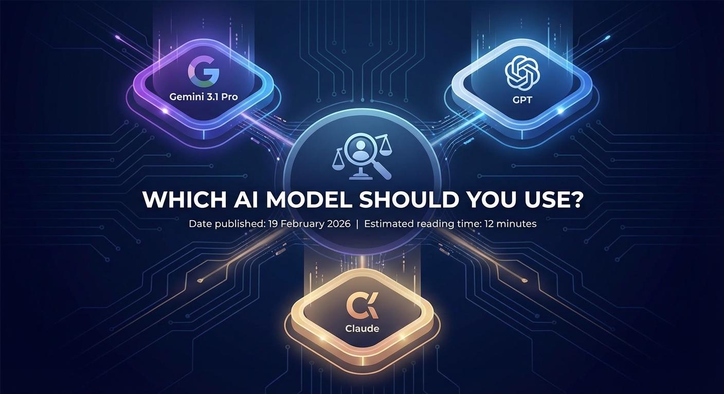 Gemini 3.1 Pro vs GPT vs Claude AI Comparison 2 Futuristic comparison graphic showing Gemini 3.1 Pro, GPT and Claude icons around scales with headline “Which AI model should you use?”