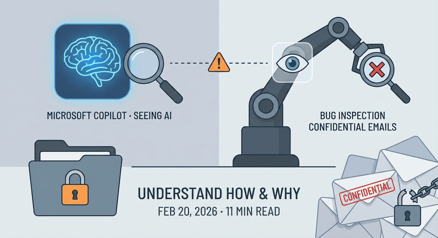 Microsoft Copilot bug and confidential email risks 1 Illustration of Microsoft Copilot AI inspecting confidential emails, highlighting a security bug and data protection risks for organisations