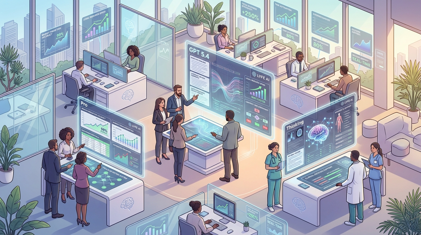 Modern office with diverse professionals using GPT 5.4 dashboards for data, finance, legal, and healthcare business insights