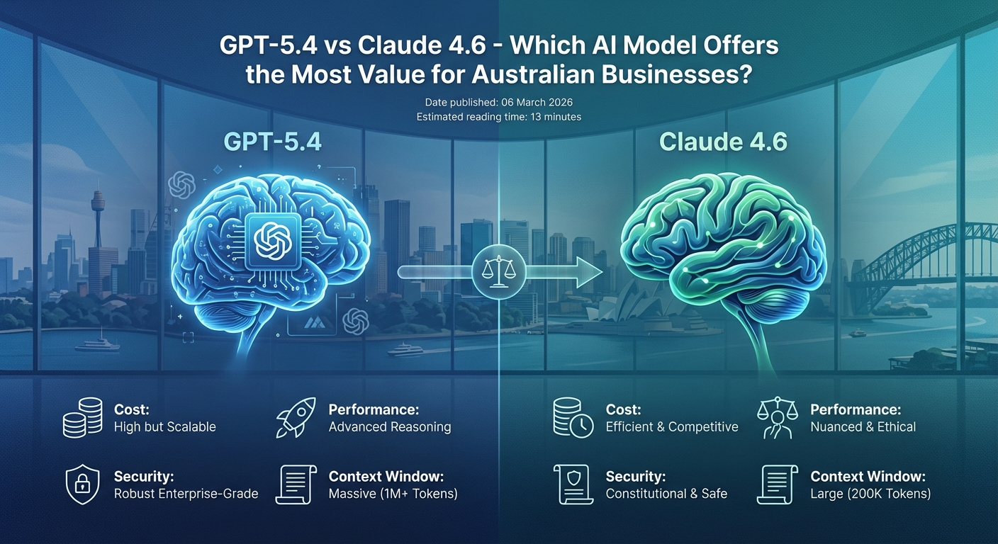 Comparison banner showing GPT-5.4 vs Claude 4.6 value for Australian businesses with brains, icons and key pros under each model