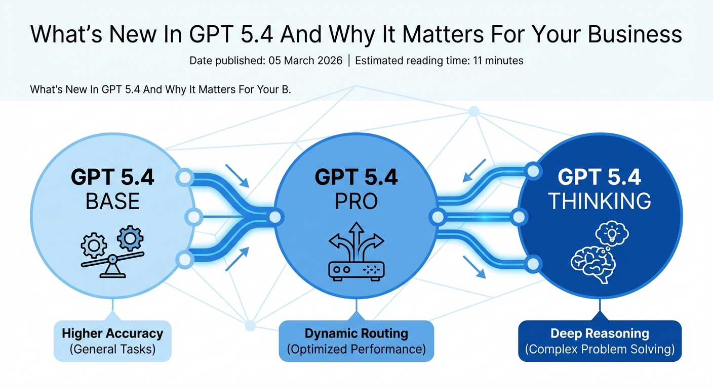 Diagram comparing GPT 5.4 Base, Pro, and Thinking with improved accuracy, dynamic routing, and deep reasoning for business use