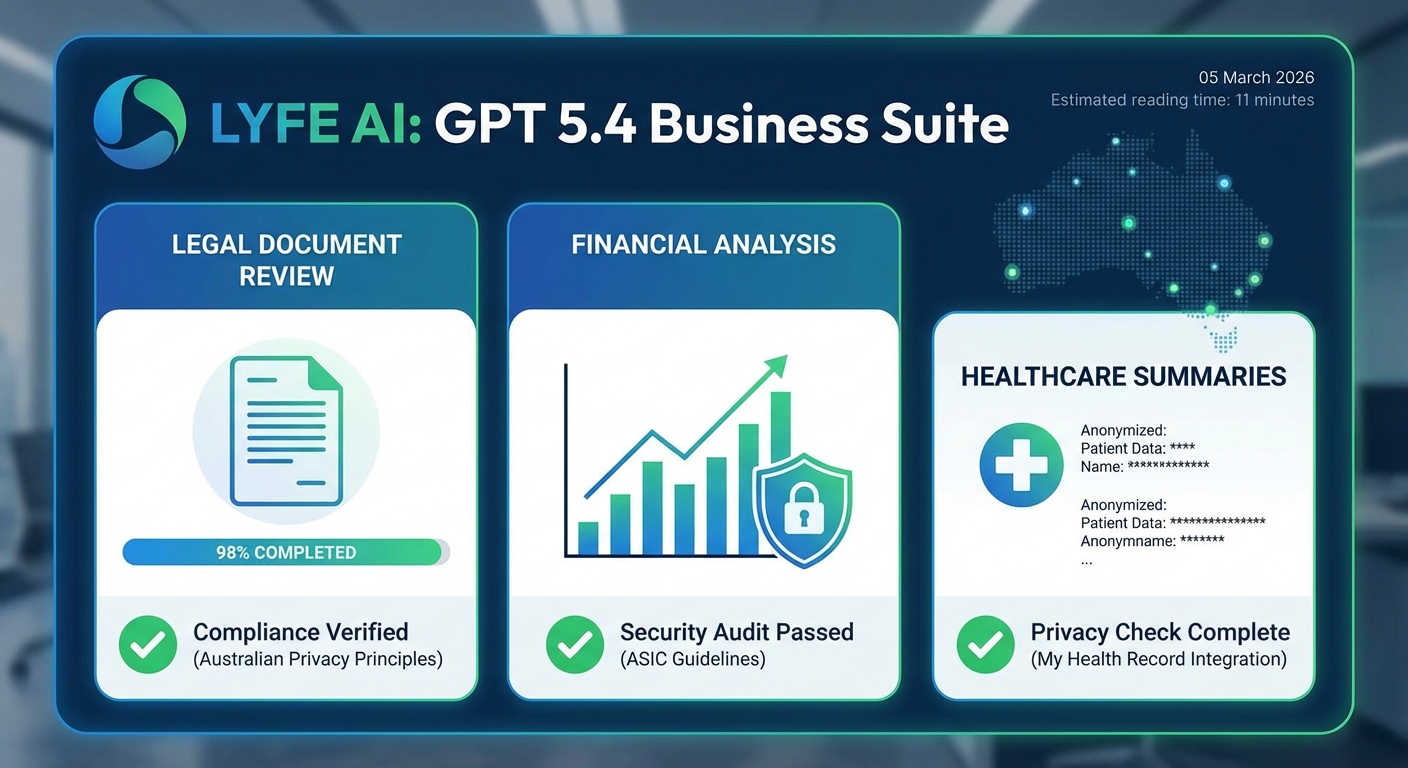 Dashboard mockup showing GPT 5.4 business suite for Australian legal review, financial analysis and anonymised healthcare summaries