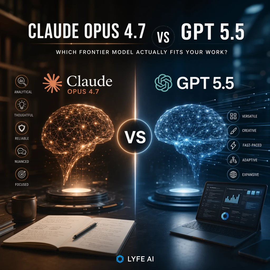 Illustration for Blog: Claude Opus vs GPT 5.5 - Commercial + Informational - LYFE AI