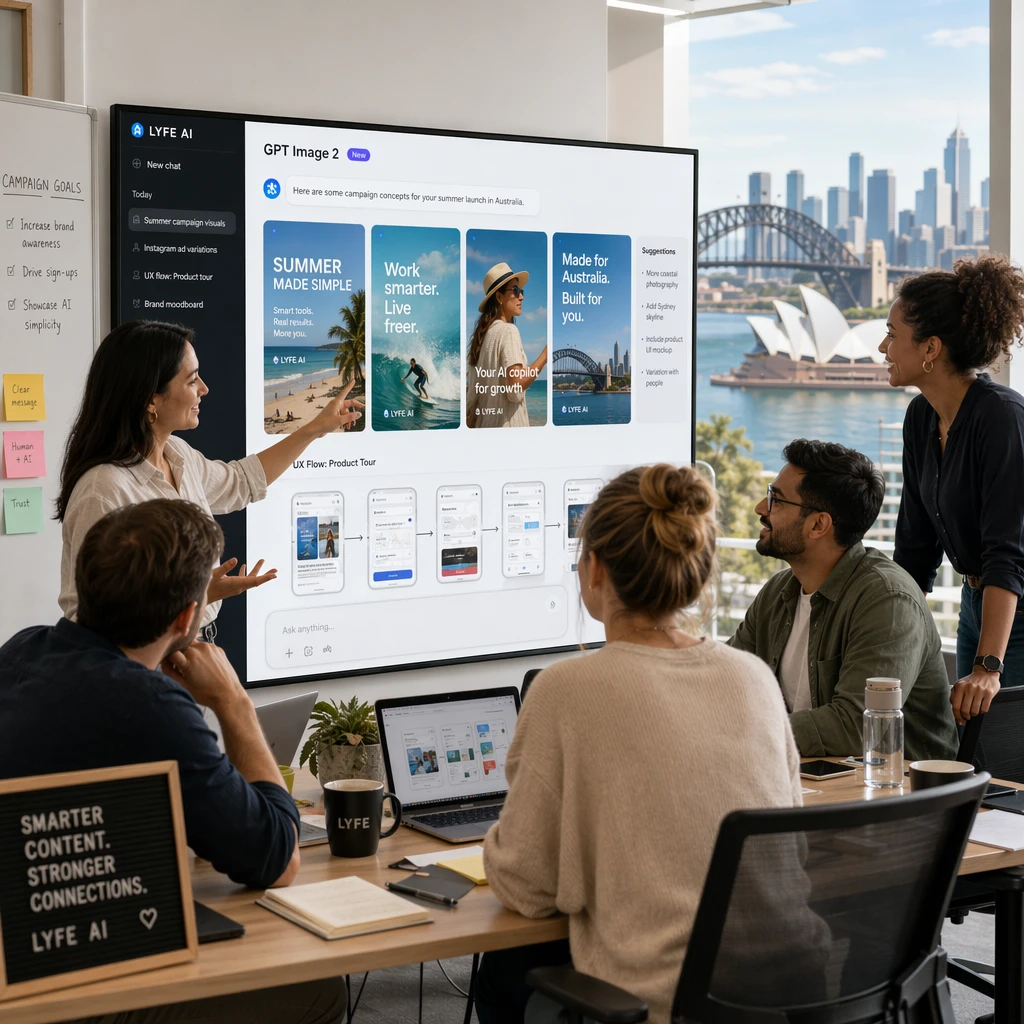 Australian marketing team collaborating around a screen showcasing GPT Image 2 campaign mockups and the Sydney Harbour backdrop