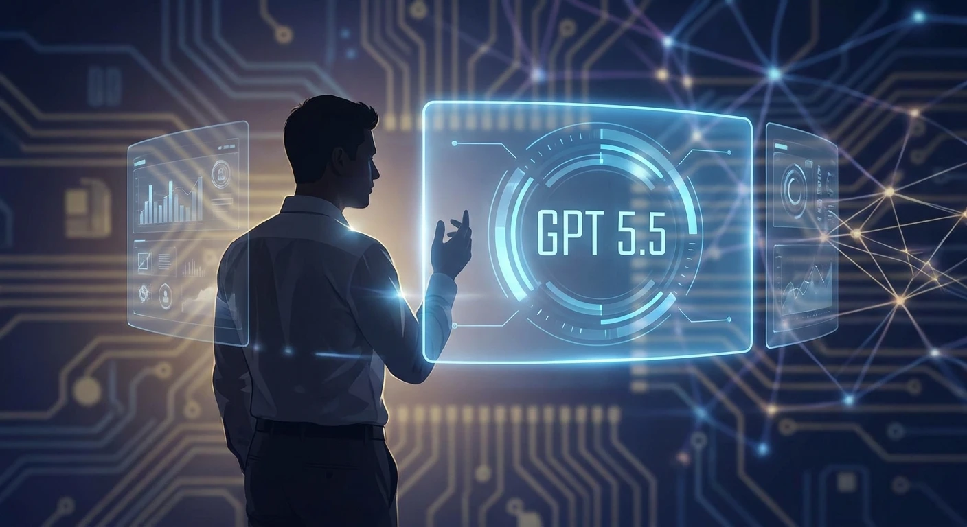 Modern office scene with a professional using GPT‑5.5 tablet as an AI brain graphic symbolizes practical, agentic workflow partnership