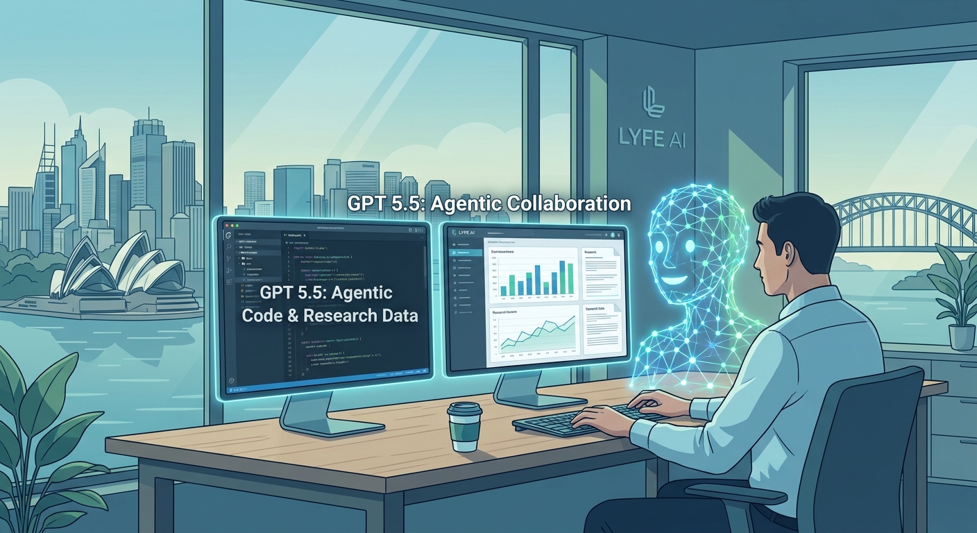 Knowledge worker using dual monitors with GPT‑5.5 AI assistant, coding and analyzing research data in a modern office overlooking city skyline