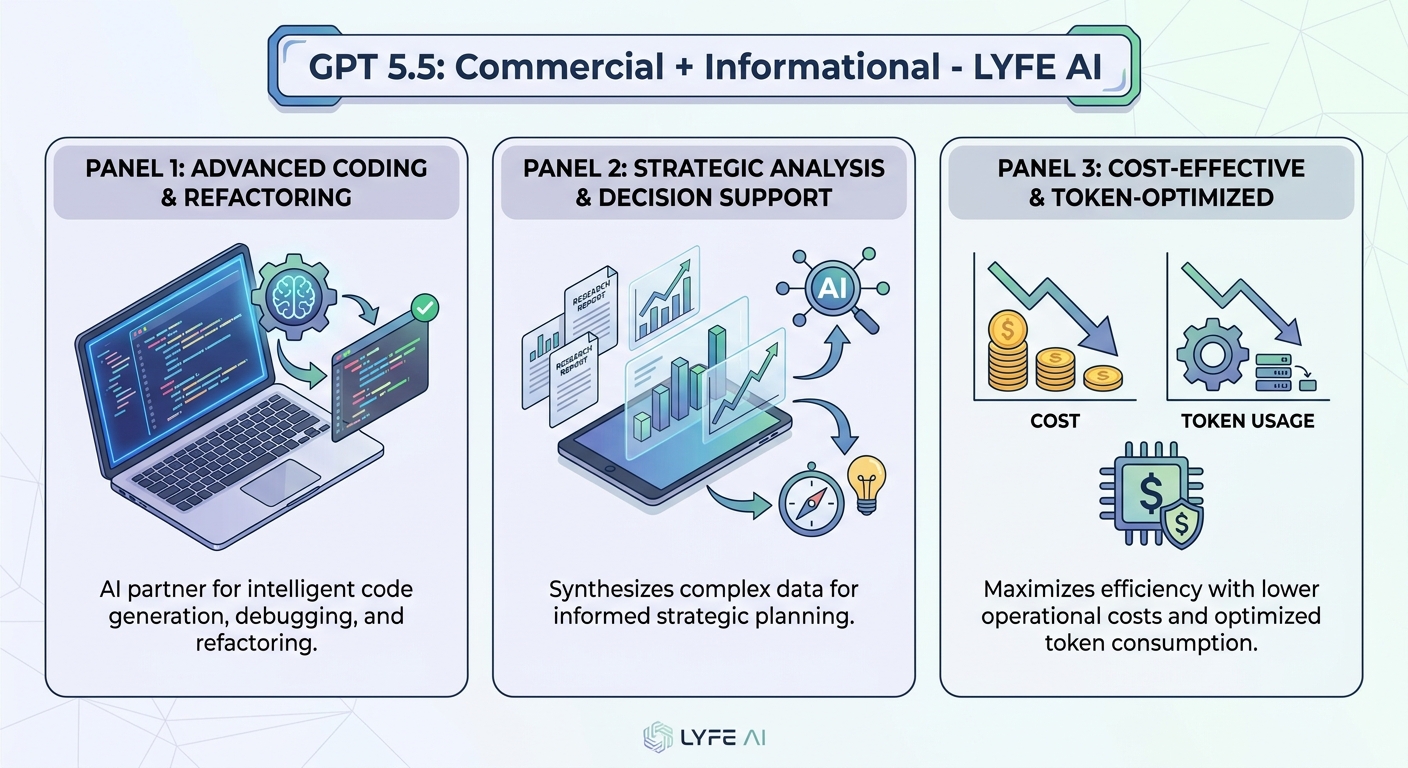 Infographic showing GPT‑5.5 key upgrades: coding partner, strategic decision support, and cost‑efficient, token‑optimized AI performance