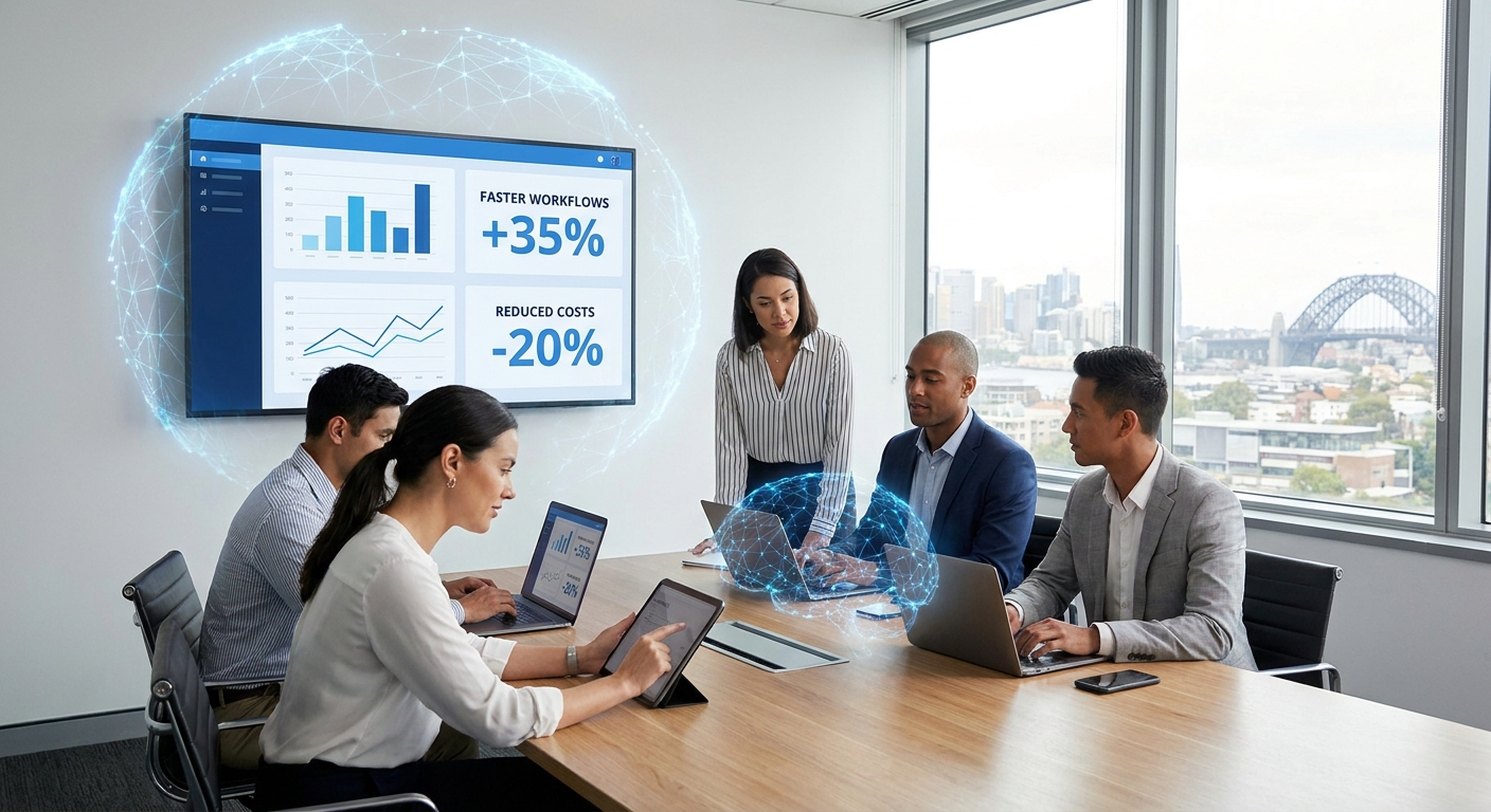 Diverse business team in conference room using laptops as GPT‑5.5 AI dashboards show 35% faster workflows and 20% reduced costs